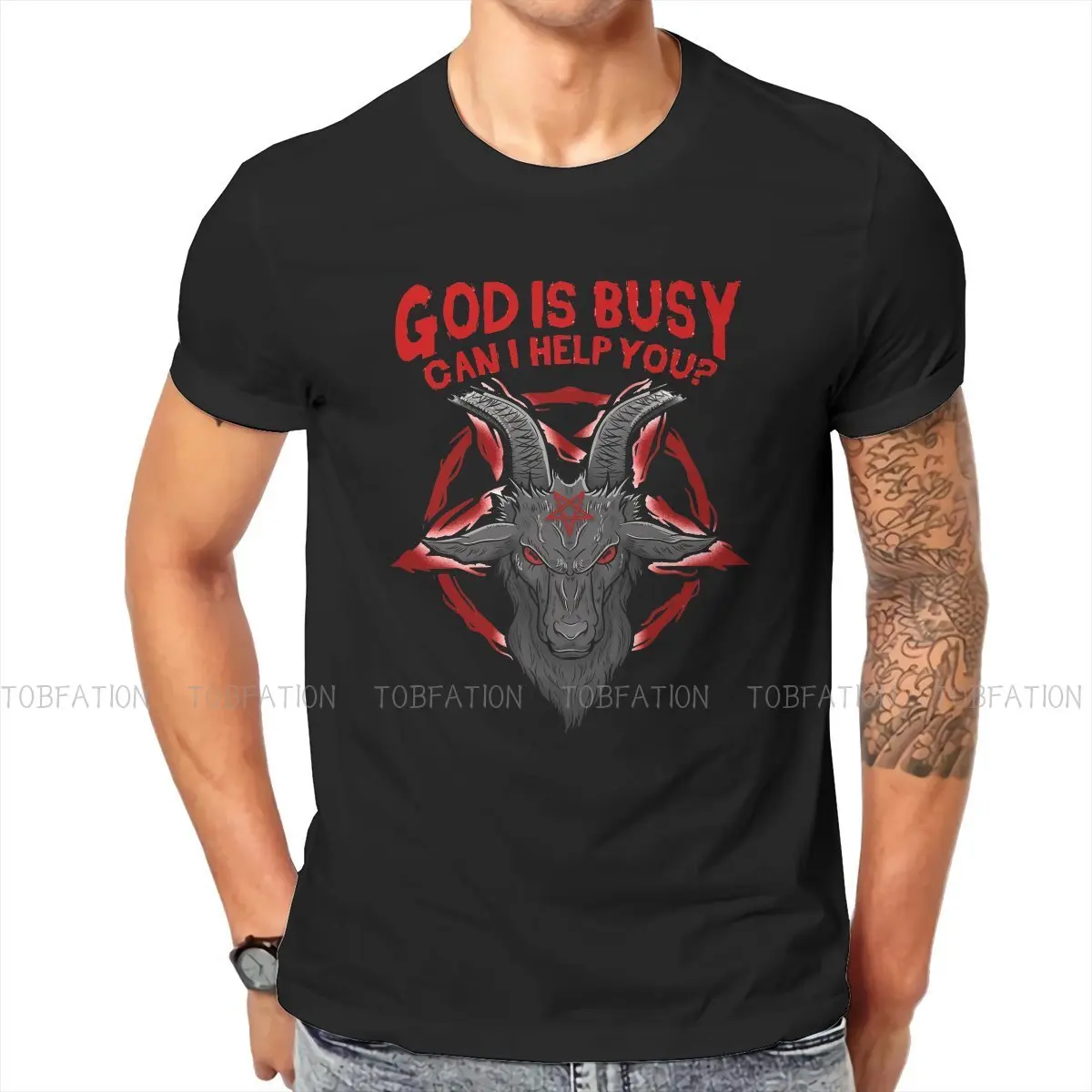 

God Is Busy Can I Help You Occult Men TShirt Baphomet Satan Lucifer Short Sleeve T Shirt Funny High Quality Birthday Gifts