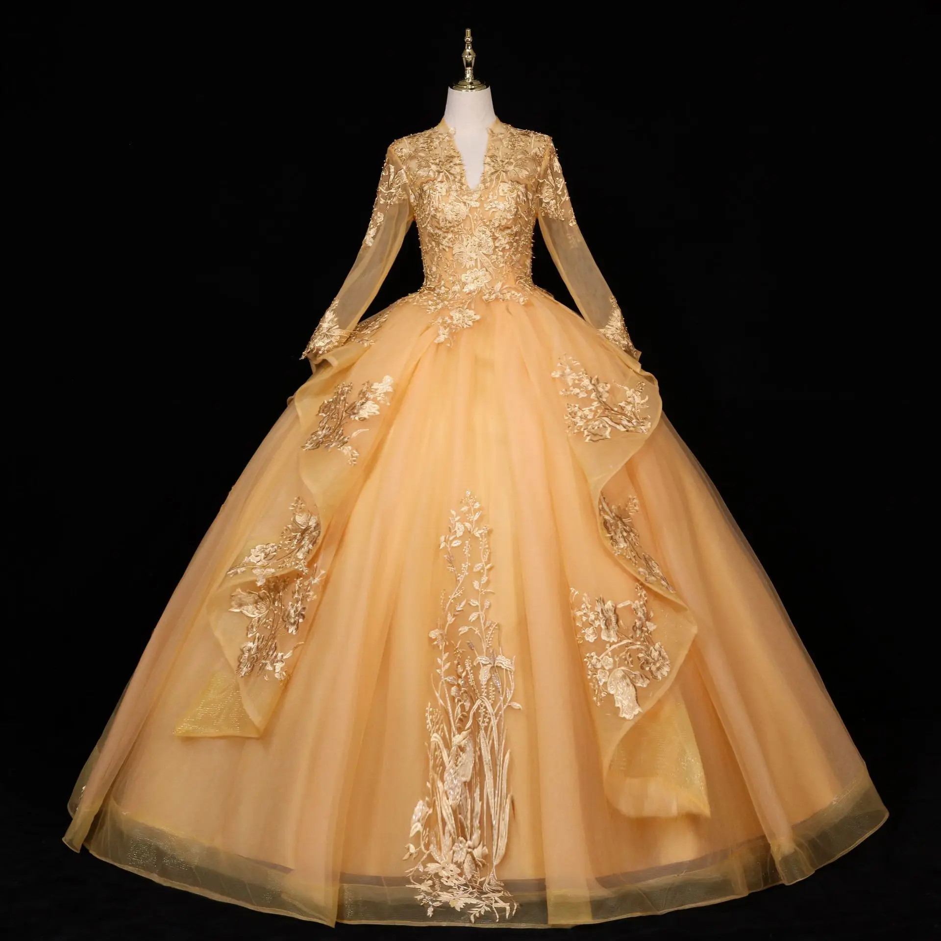 

GUXQD High End Exquisite Ball Gown Quinceanera Dresses Evening Prom Party Gowns Full Sleeves Appliques Pearls Robe De Soiree