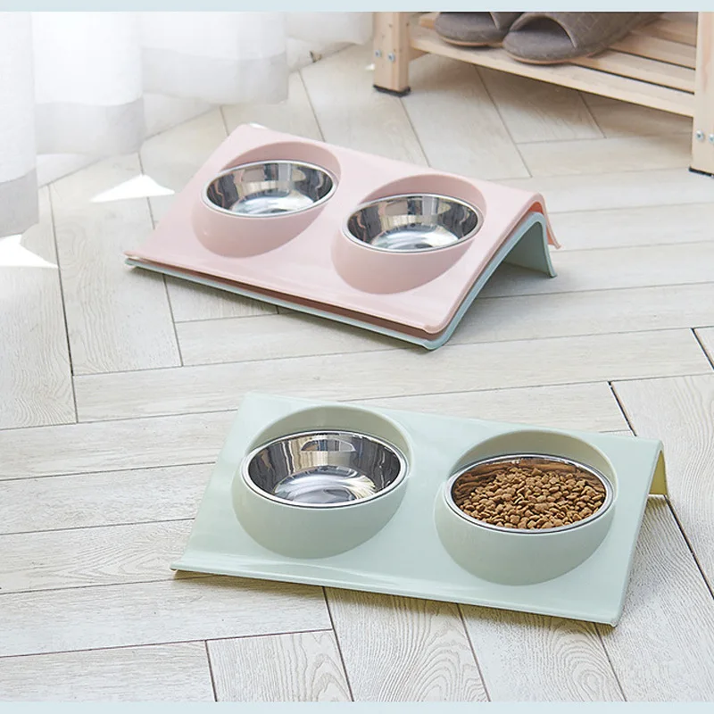 

Safe and Environmentally Friendly Stainless Steel Pet Double Bowl Solid and Durable Slope Plastic Anti-Slip Pet Cat Dog Bowl