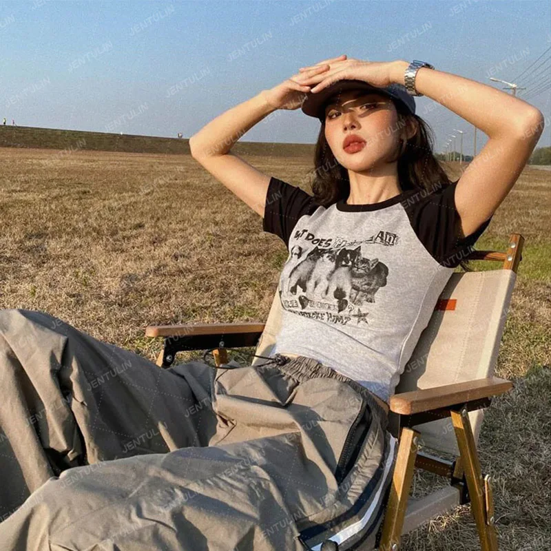Винтажные укороченные топы для женщин Y2K Style Cute Cat Aesthetic Splice Grey Baby Tee Streetwear Goth Harajuku