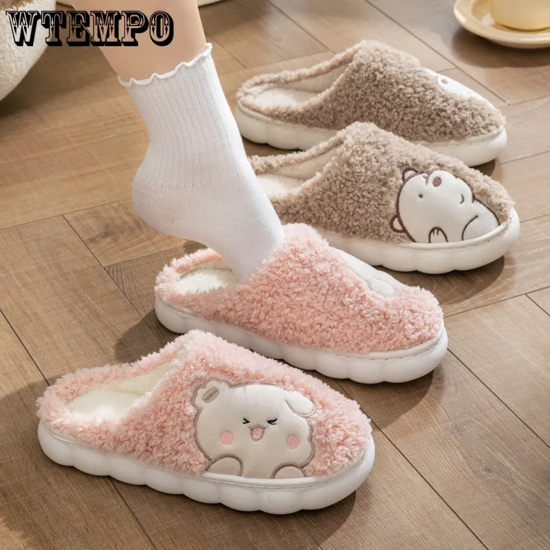 

WTEMPO Women Men Winter Platform Slippers Thick Sole Mute Fluffy Warm Casual Shoes Flats Lady Home Outside Fur Slides Wholesale