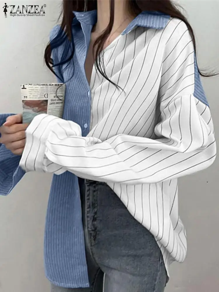 

Осенняя блузка с отложным воротником и длинным рукавом ZANZEA, модная женская рубашка в полоску, Свободный Топ на пуговицах, туника, повседневн...