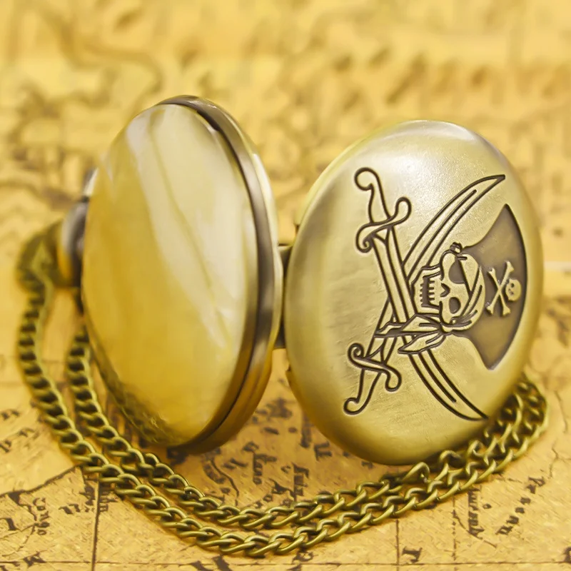 Винтажные большие кварцевые карманные часы с резьбой в виде пиратского черепа и