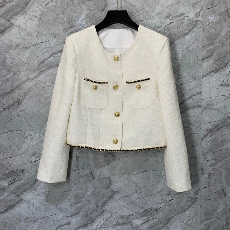 

2023 new women fashion high quality fashion long sleeve trimmed tweed crew neck jacket 0719