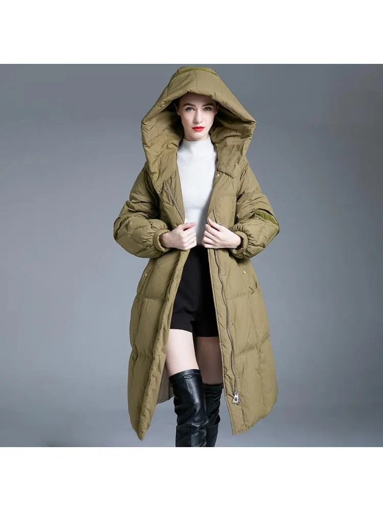 European 2022 Winter High End Long Hooded Thicked Loose Black 90 White Duck Down Coats Women Lace Up Bread Cloth Warmer Jackets