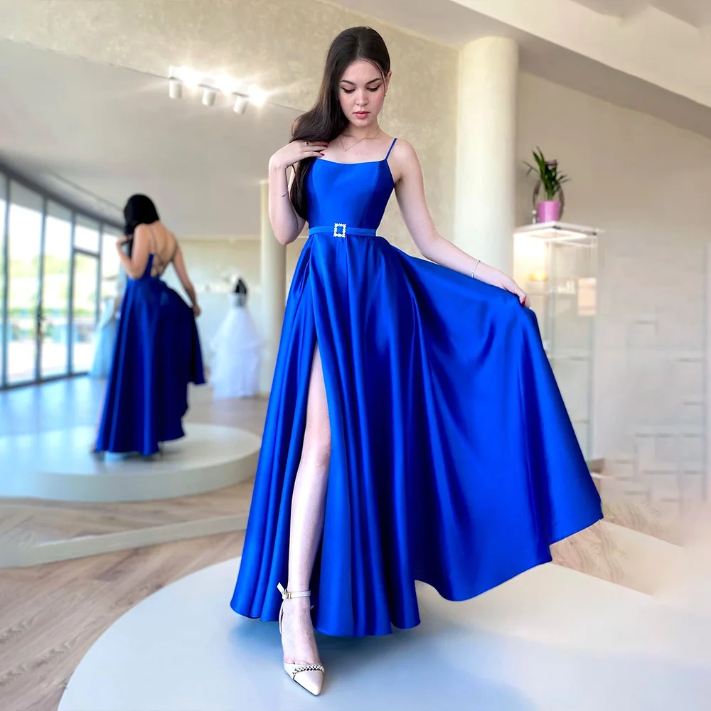 

Royal Blue Satin Side Split Prom Party Dresses with Belt Thin Straps Sexy Backless Homecoming Gown Floor Length Graduation Dress