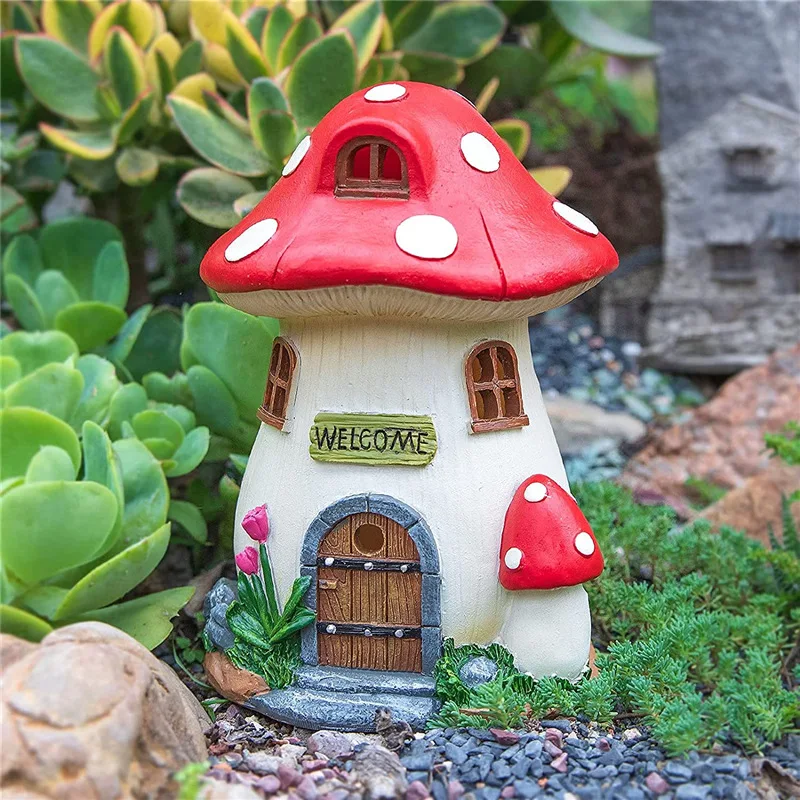 

Red Mushroom House welcome sculpture Mini Landscape House Decoration Resin Crafts Ornament Miniature Fairy Garden Accessories