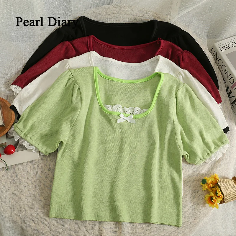 

Pearl Diary Assorted Colors Hollow Out Fancy Lace T-Shirt Low Neck Short Thin Top Women Summer New Style All-Match Knitting Top