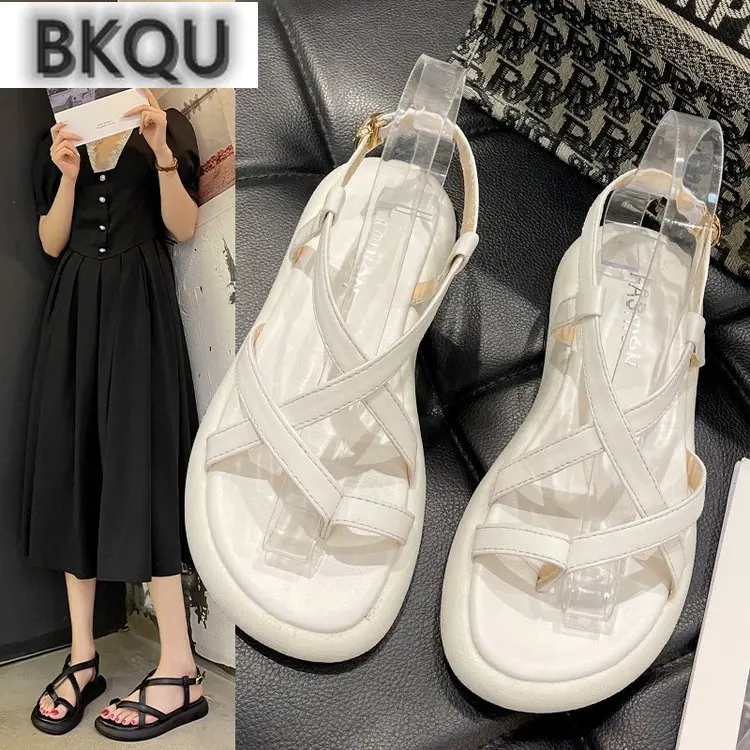 

2022 summer new thong cross Roman fairy wind net red female sandals trendy female shoes soft bottom flat female sandals