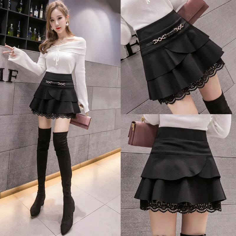 

2024 autumn and winter new irregular cake skirt ruffled elastic waist fashion thin lace DQ1419