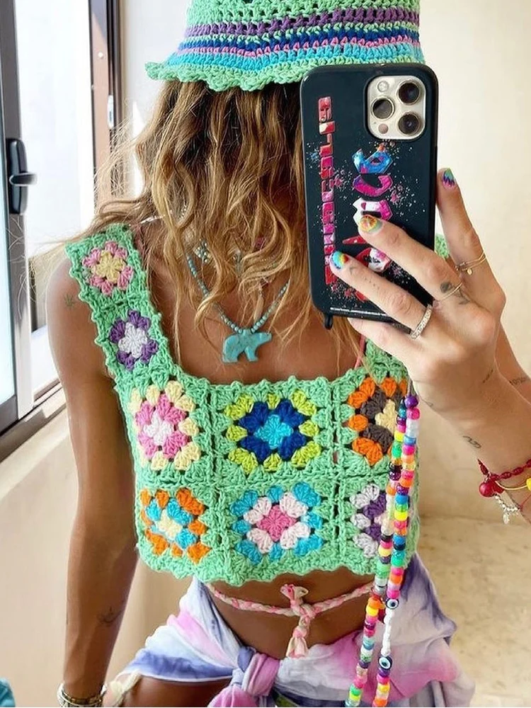 

Summer Beach Hand-made Crochet Flower Tank Top Bohemian Knitwear Slim Crop Tank Bodycon Vest