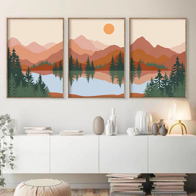 Mid Century Boho Abstract Mountain Lake Trees Print Wall Art Nordic Canvas Picture Nature Landscape Painting Living Room Poster 1