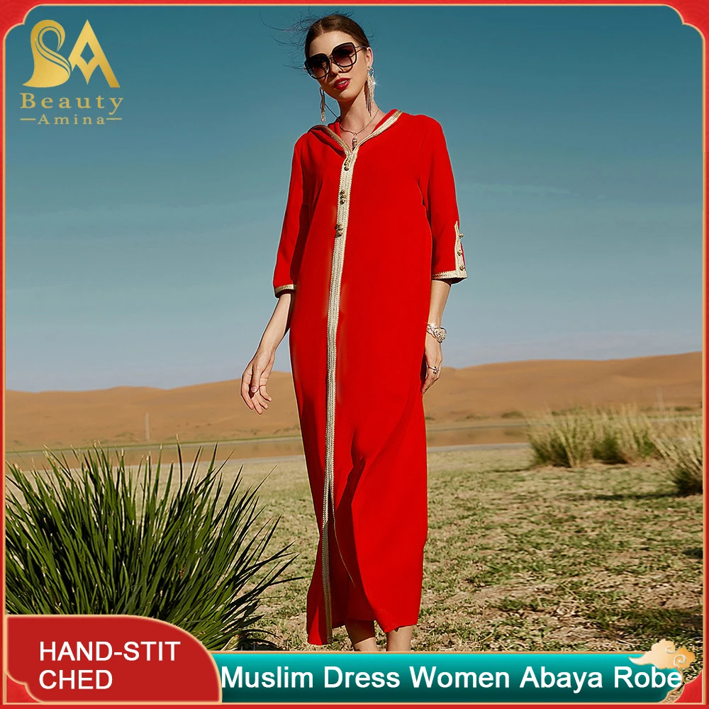 Muslim Robe Orange Red Hooded Dress Hand Sewn Abaya Middle East Dubai Travel Women's Holiday Dress Islamic Robe National Dress
