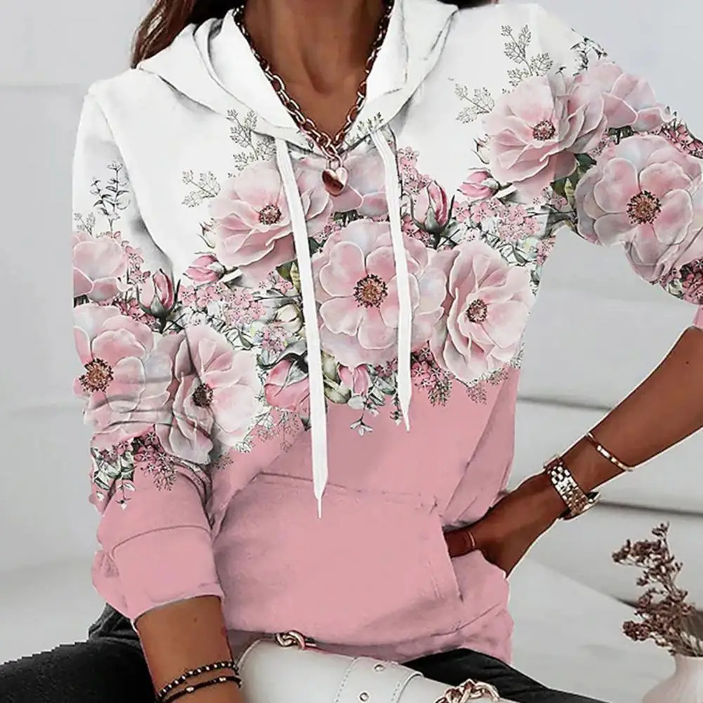 

Women Autumn Winter Flower Element Print Sweatshirt Hooded Drawstring Long Sleeve Pockets Pullover Tops Loose Fit Sport Tops