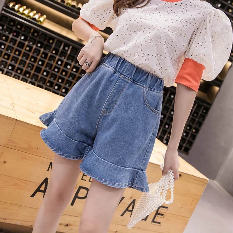 High Waist Ruffle Denim Shorts 2021 Women Casual A-Line Flared Raw Hem Short Fashion New Style Zipper Frayed Short Jeans Blue