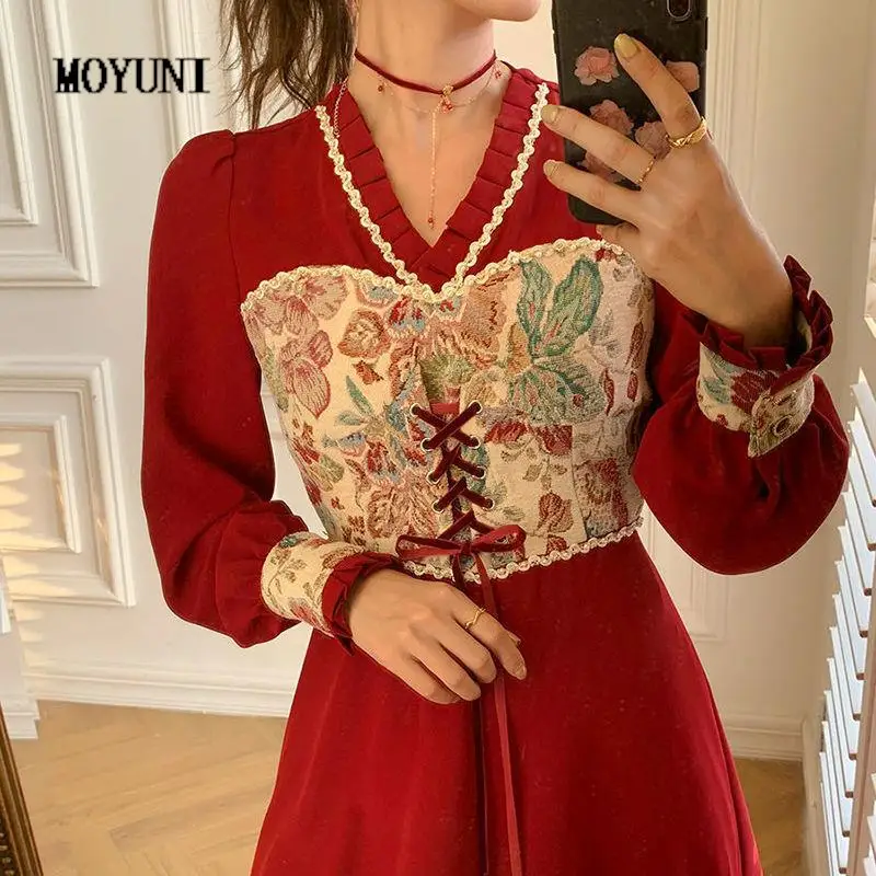 

Patchwork Party Dress Women Spring Elegant Designer Lace Midi Dress Female Casual Print French Retro Korean Dress Women 2021 New