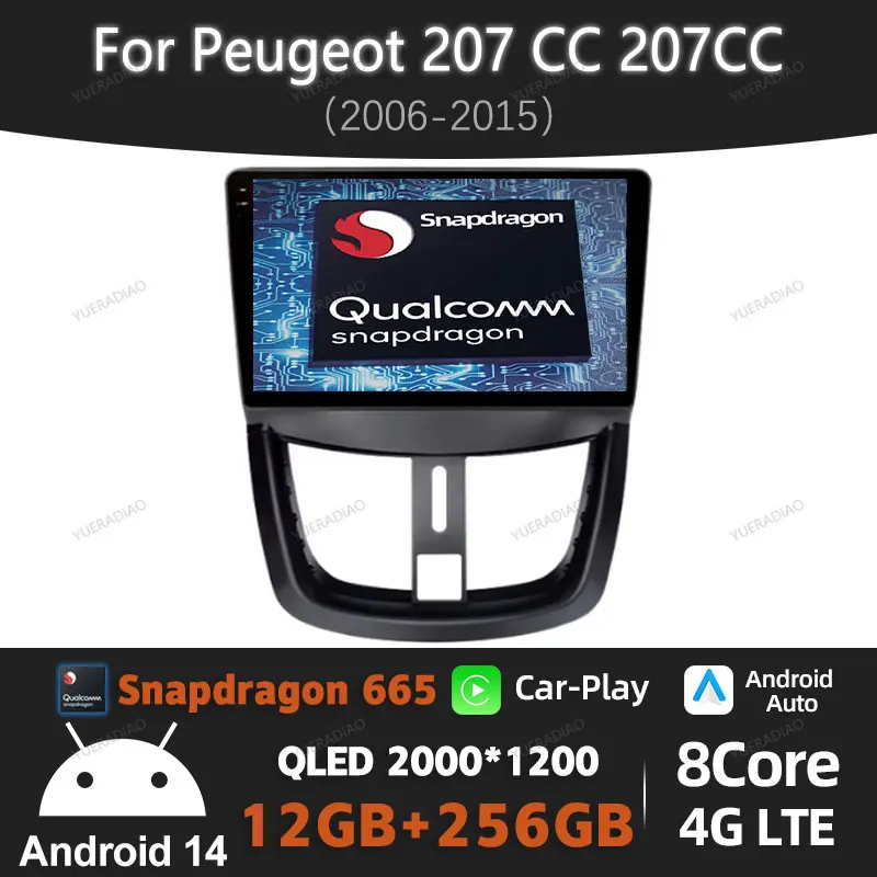 Автомобильный радиоприемник Android 14 для Peugeot 207 CC 207CC 2006-2015 Мультимедийный