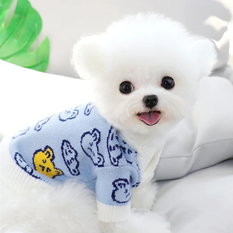 

Blue cartoon bear knitted dogs and cats button sweater XS-XL Bicon warm two clothes pet soft home decoration chien accessories