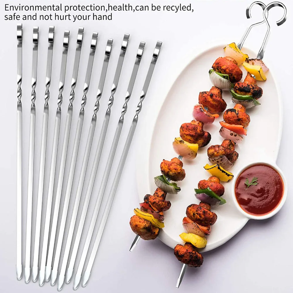 

Skewers For Barbecue Reusable Grill Stainless Steel Skewers Stick Kebab Bbq Camping Flat Forks Gadgets Kitchen Accessories Tools