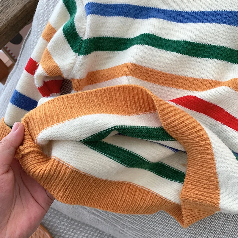 Autumn Toddler Girls Striped Knitted Sweater Pullover Kids Cotton Clothes Baby Boys Rainbow Knitwear Outwear Children Undershirt