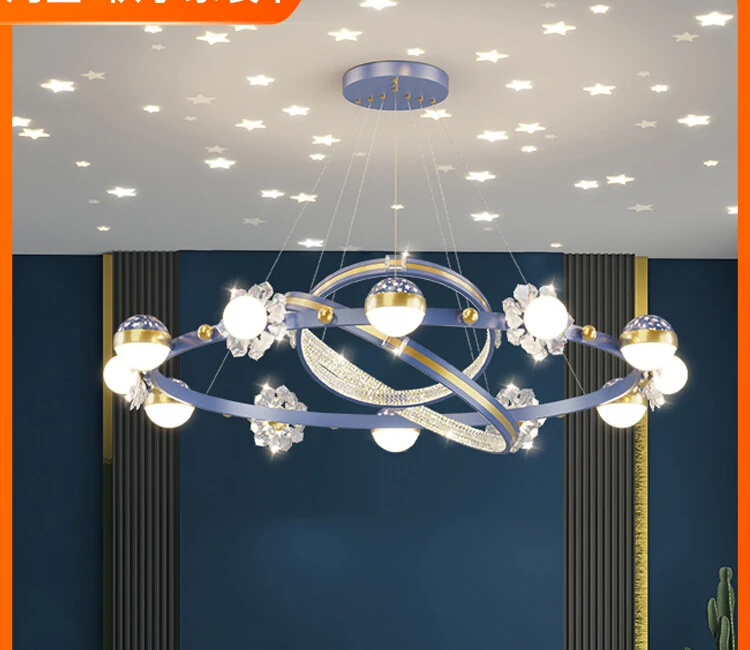 

Nordic Light Luxury Living Room Starry Sky Chandelier Trending Creative Crystal Flower Ring Warm Starry Sky Projection Hall