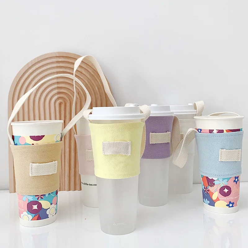 

Canvas Coffee Milk Tea Cup Carry Bag with Hand Strap Heat Resistant Thermal Cup Sleeve INS Portable Smoothie Juice Straw Holder