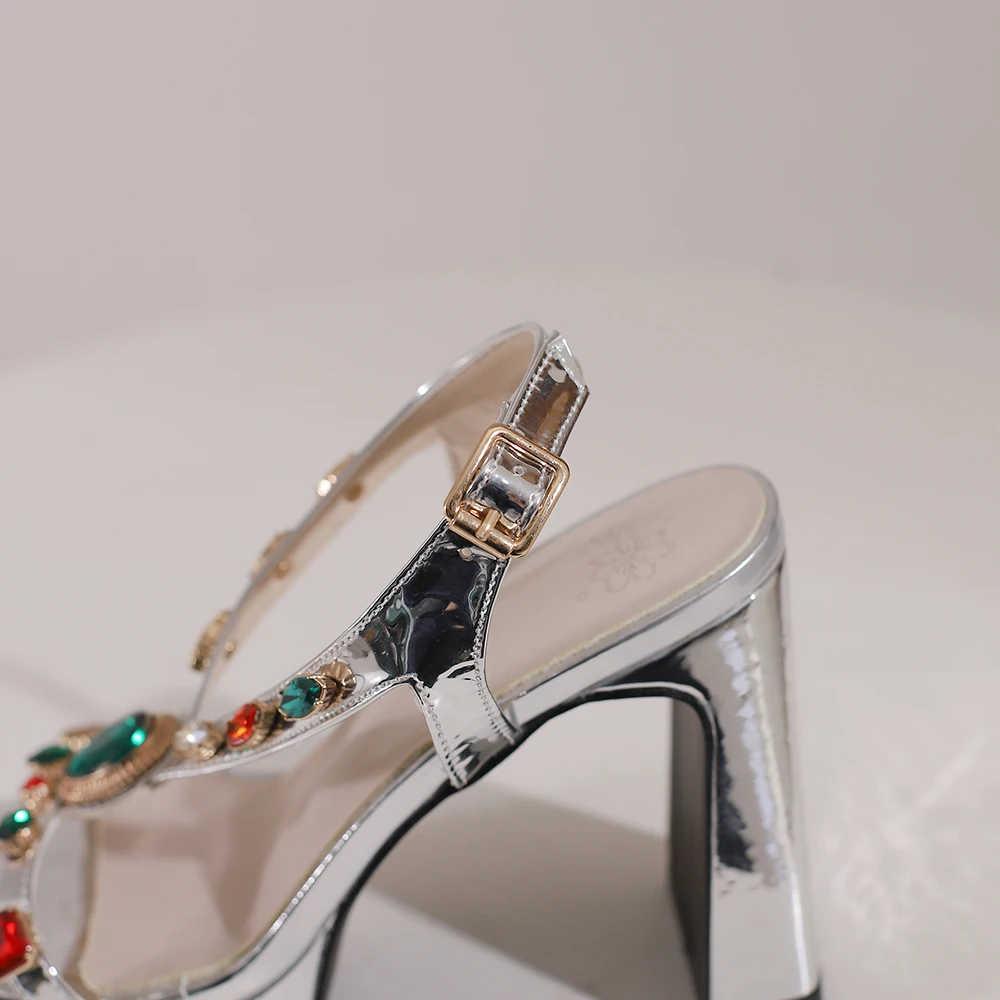 High-heeled Platform Sandals Women New Fashion Colorful Gems Heels 2023 Summer Silver Square Heel Womens Shoes Sandalias Mujer