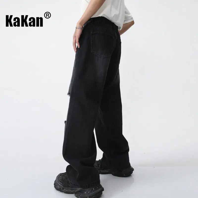 Kakan - American Style New Distressed Jeans for Men, Retro Loose Fitting Straight Leg Wide Leg Mop Jeans K50-469