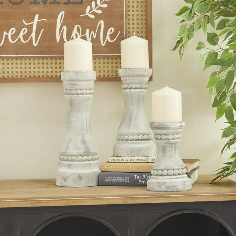 

3 Candle Gray Wood Candle Holder, Set of 3 for Home Wedding Table Decoration