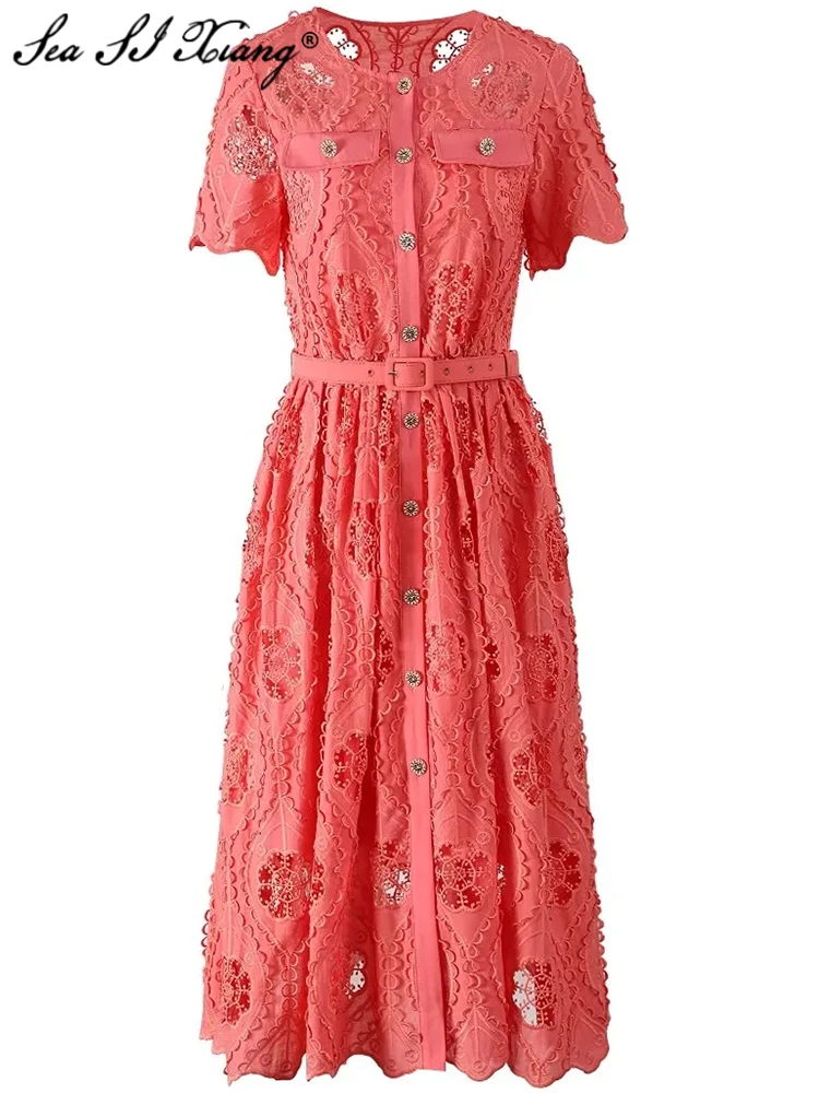 Seasixiang однобортное платье с вышивкой для женщин винтажные платья круглым вырезом