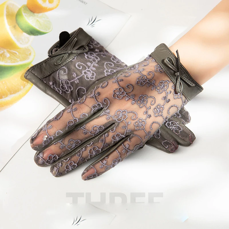Real Leather Gloves Female Fashion Elegant Lace Thin Summer Sunscreen Touchscreen Driving Women Sheepskin Gloves YSW0020