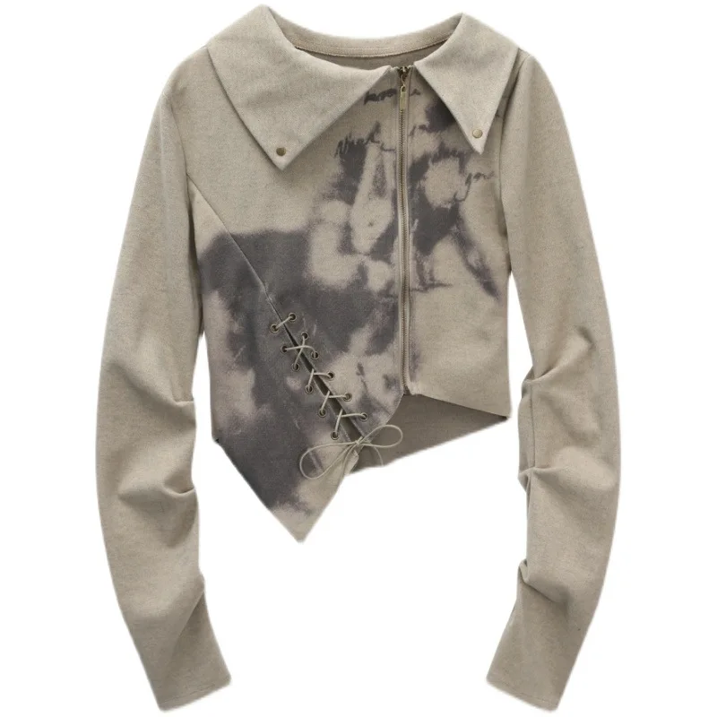 

COZOK Fall Harajuku Retro Print Short Jacket Ladies Fashion Lapel Loose Casual Zipper Irregular Top Y2K Long Sleeve Outwear