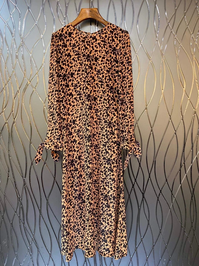 2023 new women's fashion long-sleeved crewneck leopard print decorative cuff ribbon dress 326