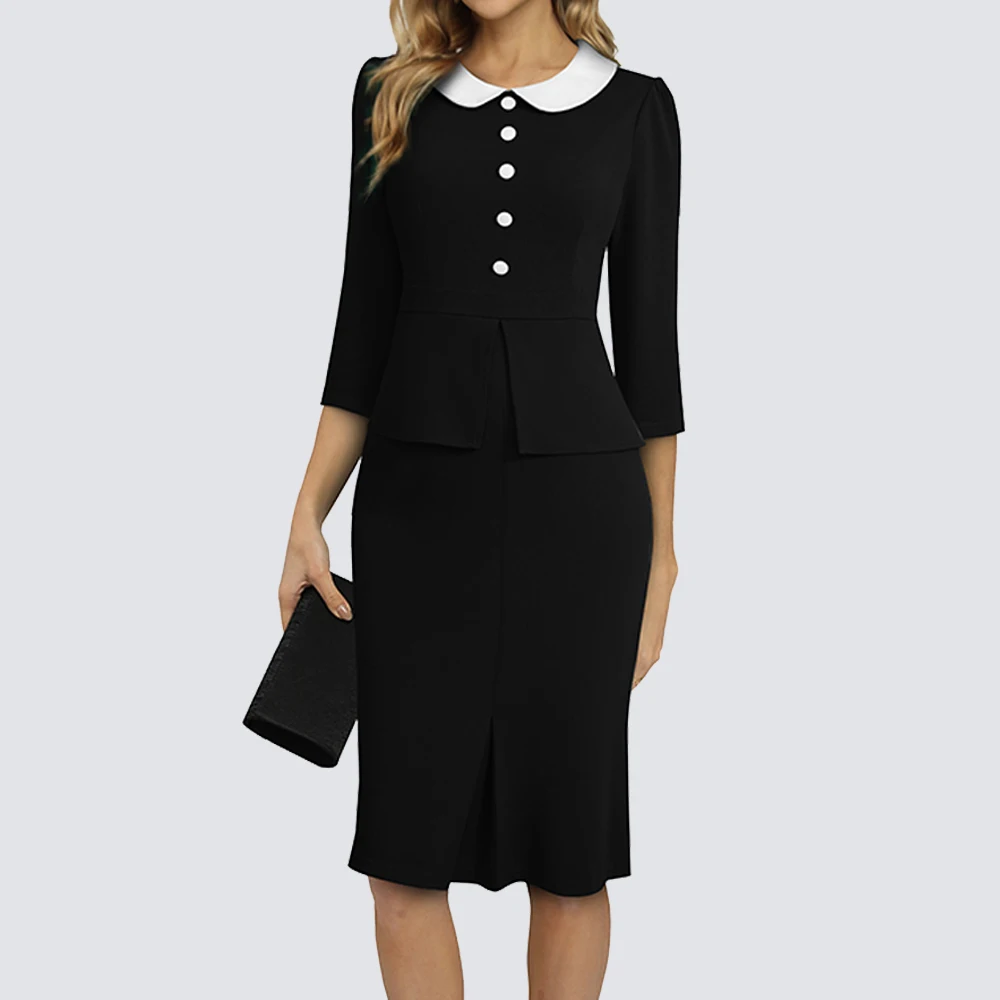 

Autumn Women Chic Black and White Patchwork Dresses Business Work Vintage Bodycon Dress HB815