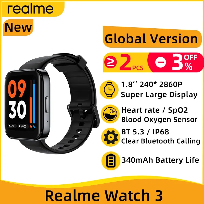 

Realme Watch 3 Smart Watch 1.8''Large Display Blood Oxygen Heart Rate Sensor Clear Blueooth Calling SmartWatch IP68 110+ Modes