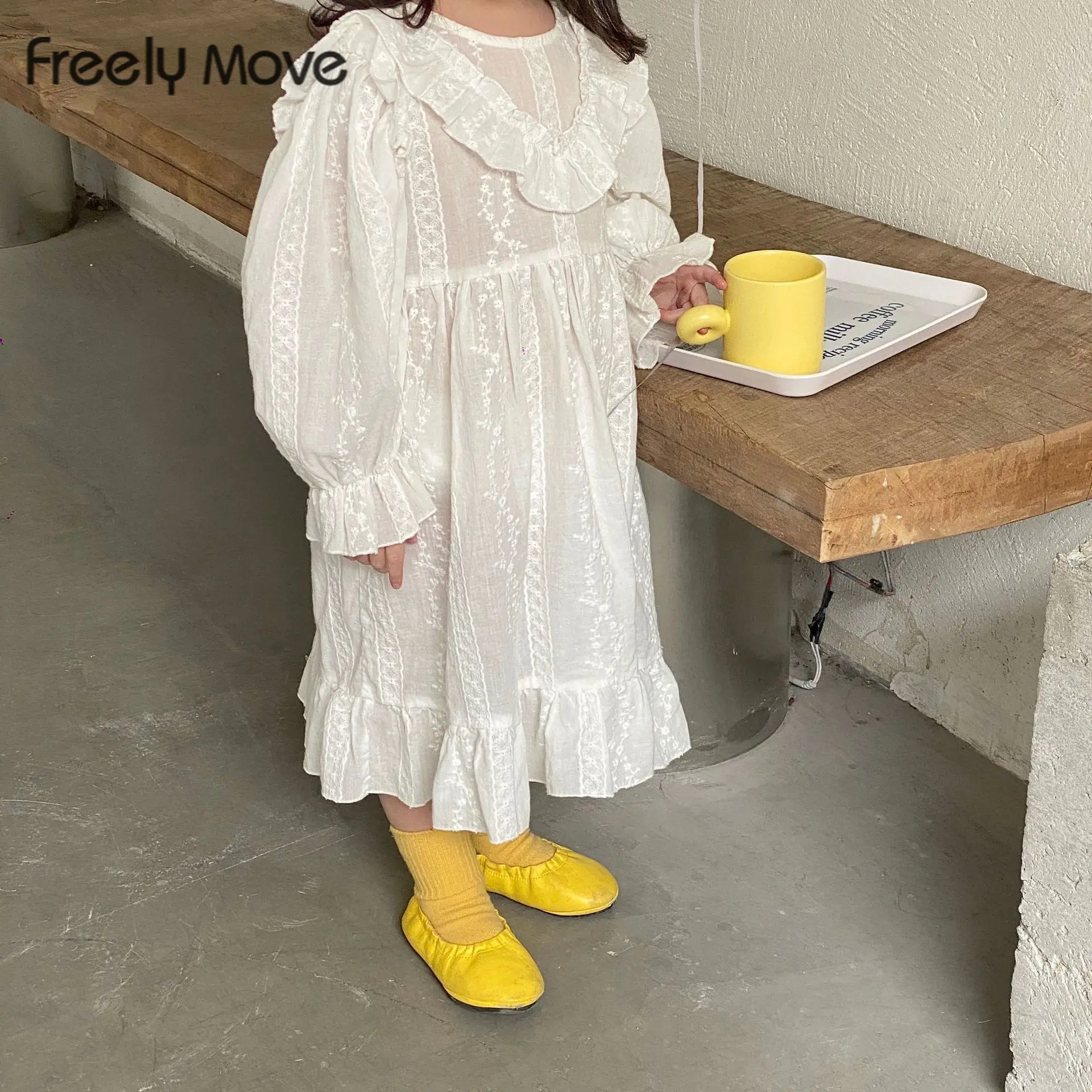 

Freely Move Fashion Children Kids Baby Girls Autumn Party Dress Ruffles Long Sleeve Solid Cotton Casual A-line Dress Clothes