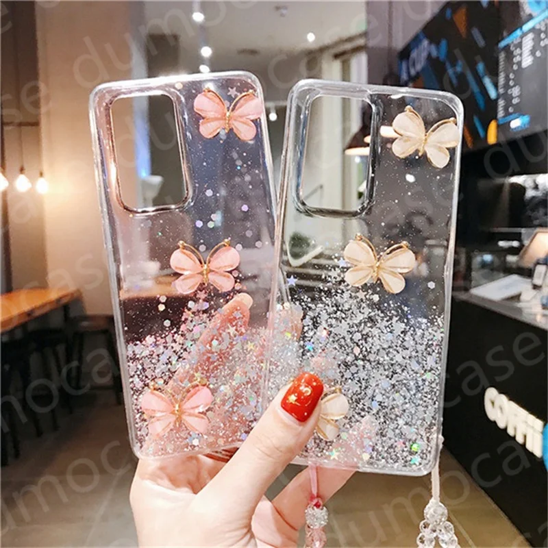 Butterfly Glitter Wrist Lanyard Case for XIAOMI Mi 11 10T 10 Ultra RedMi 9 9A 9T 9C Note 8T 9S 10S 7 8 9 10 Pro Max Shiny Cover