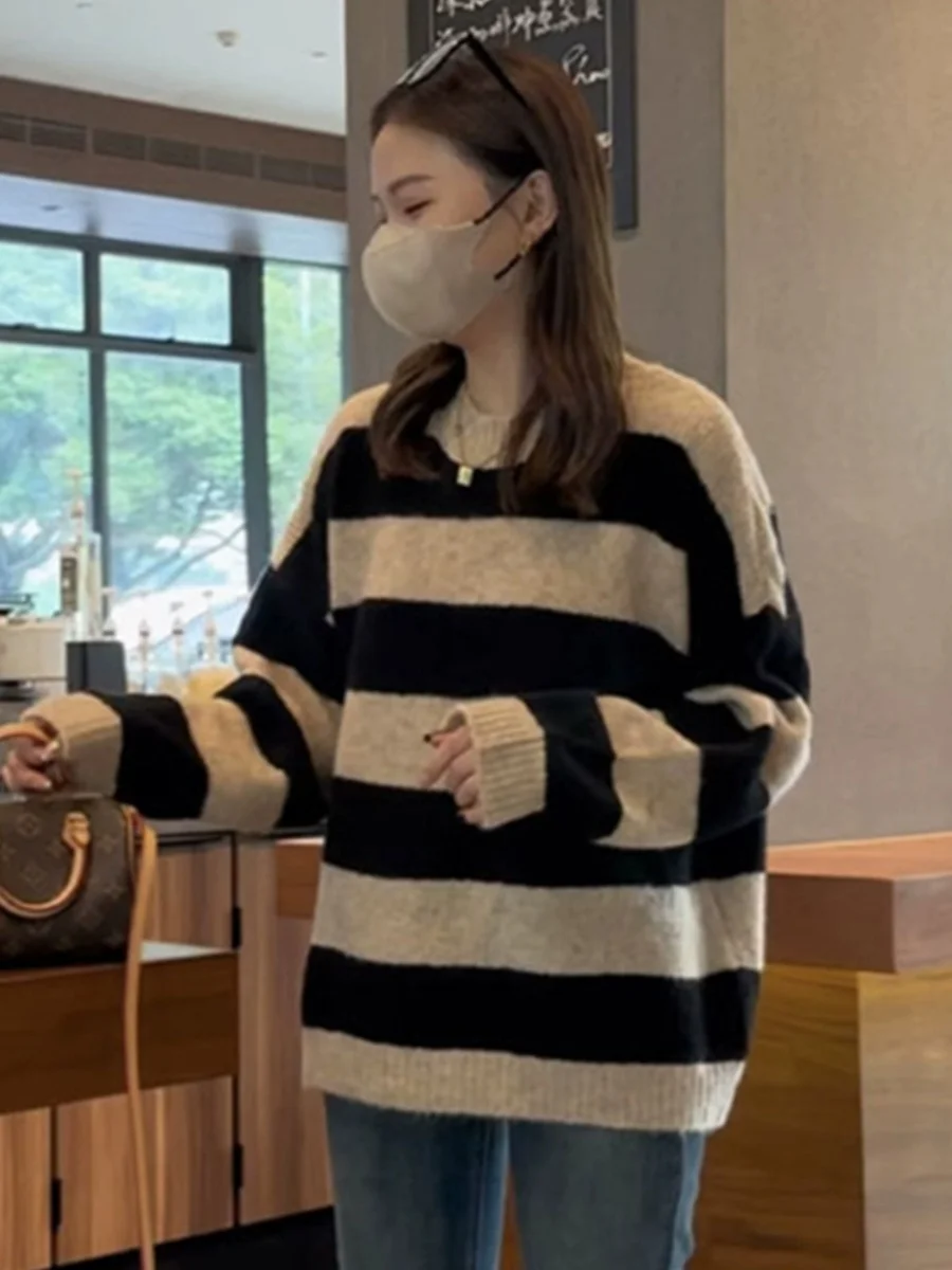 Пуловер в полоску с круглым вырезом женский осенне-зимний свитер европейском
