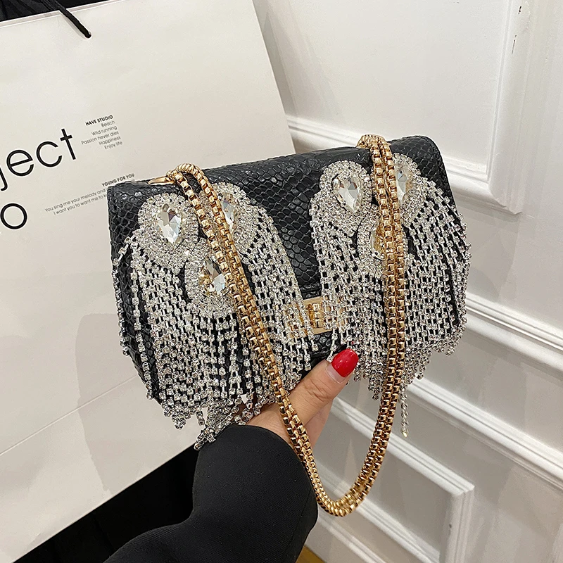 Sparkle Diamond Women's Bag 2023 New Tassel Square Evening Handbag Woman Leather Chain Luxury Party Fashion Shoulder Bag Ladies