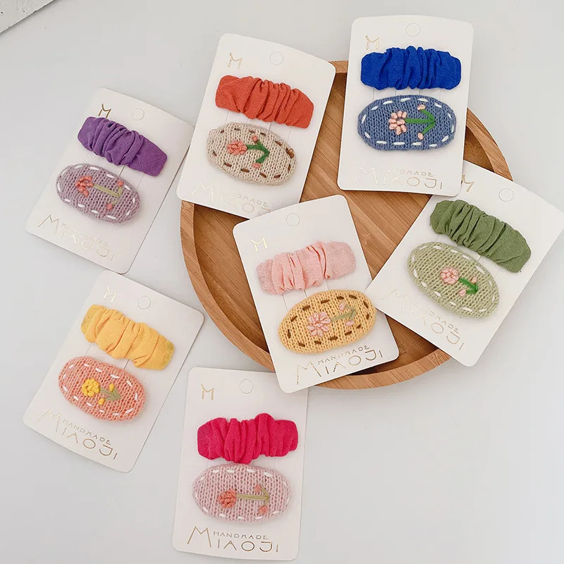 

2 Sets of Korean Candy Color Woolen Knitted Fabric Bb Clip Wild Sweet Wrinkled Children's Hairpin Hair Accessories for Girls
