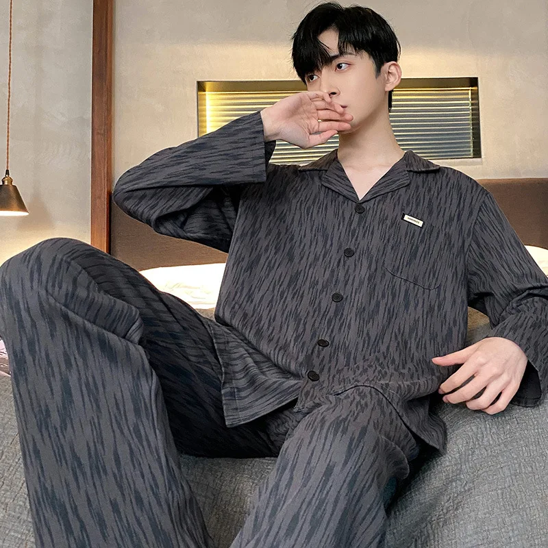 Cotton Pajama Suit Men Cardigan Tops + Trousers Pocket Spring Autumn Long Sleeve Youth Loose House Nightshirt Pant Suit Homewear