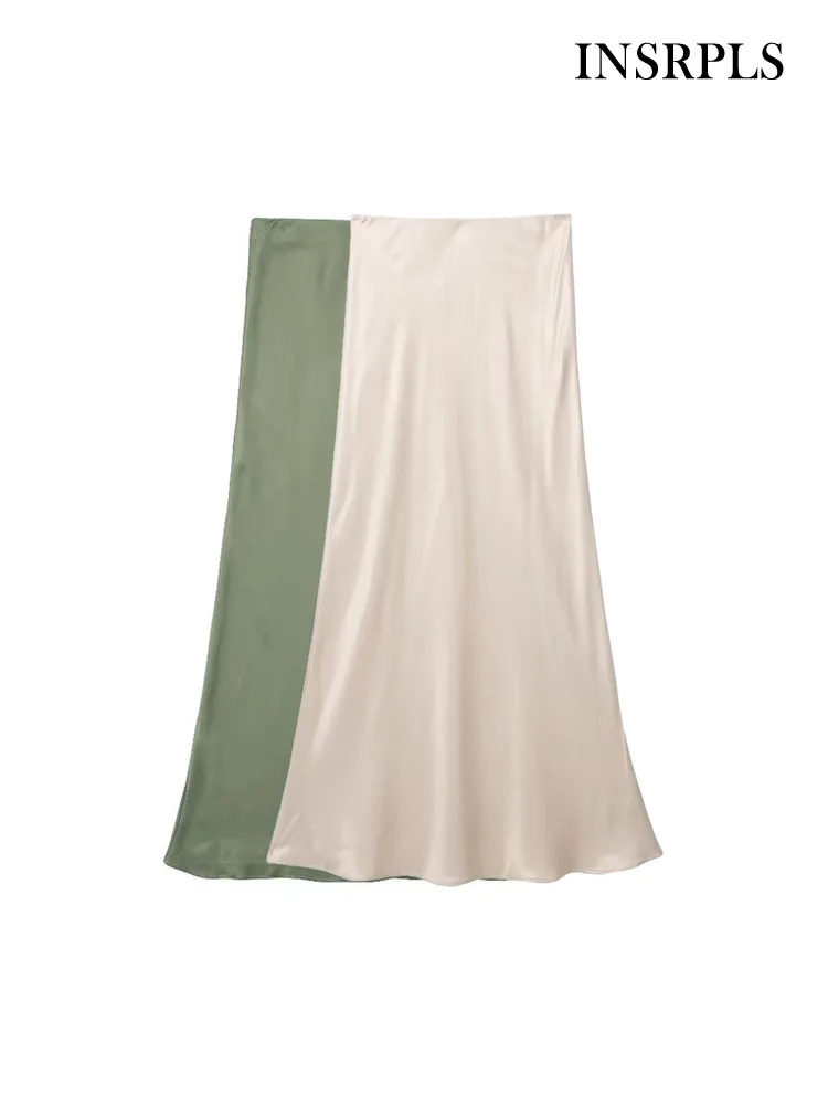 

INSRPLS Women Fashion Flowing Satin Midi Skirt Vintage High Waist With Elastic Waistband Female Skirts Mujer
