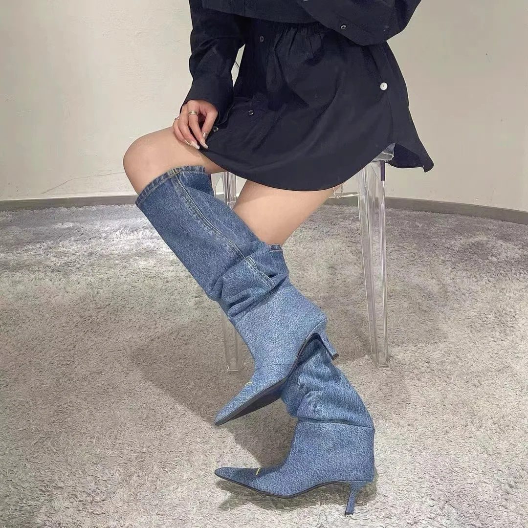 New Pointed Toe Denim Pile Boots Stiletto Boots Women's Knee High Slip On Shoes For Woman