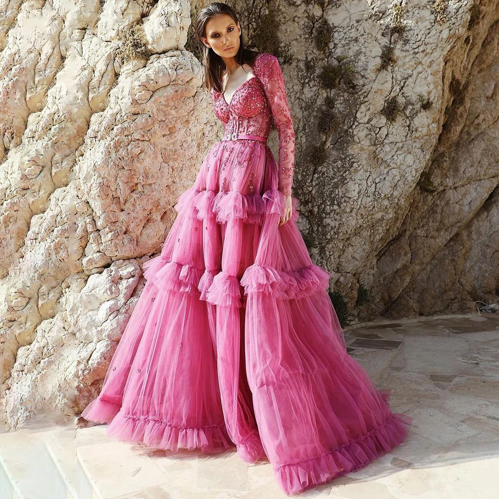 

Pretty Fuchsia Pink Long Prom Gowns Full Sleeves Lace Sweetheart Modest Party Dress A-line Tiered Tulle Formal Dress