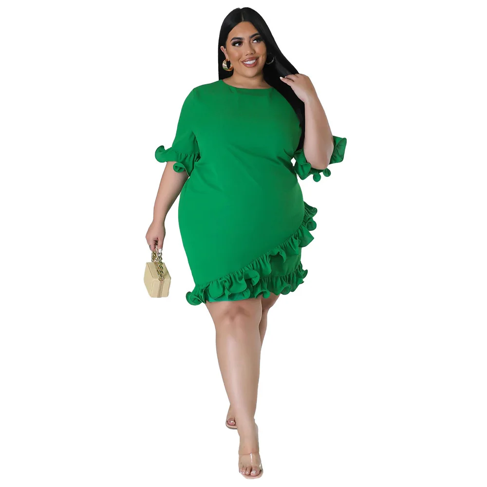 Plus Size Summer Fashion Ruffles Women Casual Dress Half Sleeves Round Neck Solid Elegant Ladies Party Mini 3xl 4xl 5xl 6xl