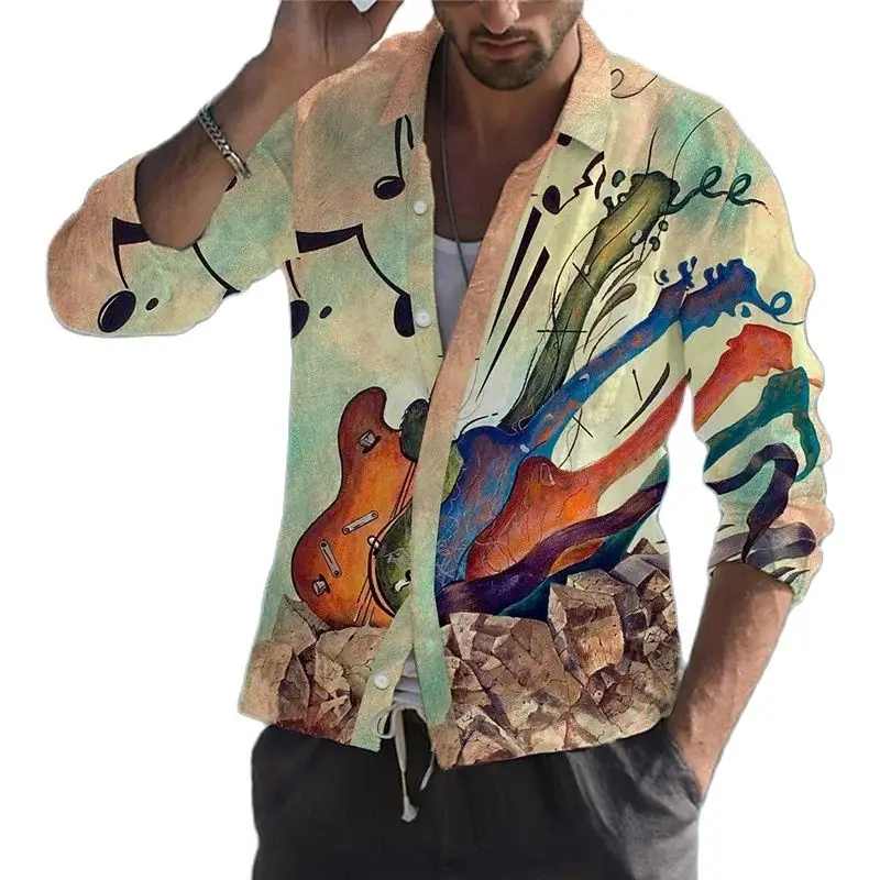 Camisas hawaianas con estampado de música en 3d para hombre, camisas de manga larga estilo Rock de gran tamaño, ropa de diseñador, novedad de 2022