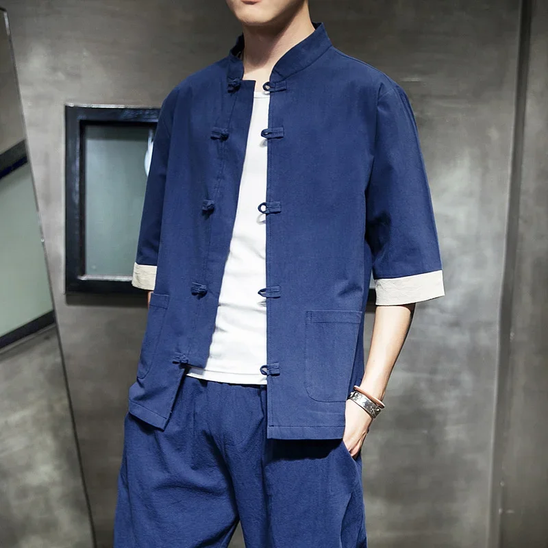 Летняя льняная одежда в китайском стиле мужские шорты униформа Тай Чи рубашка с