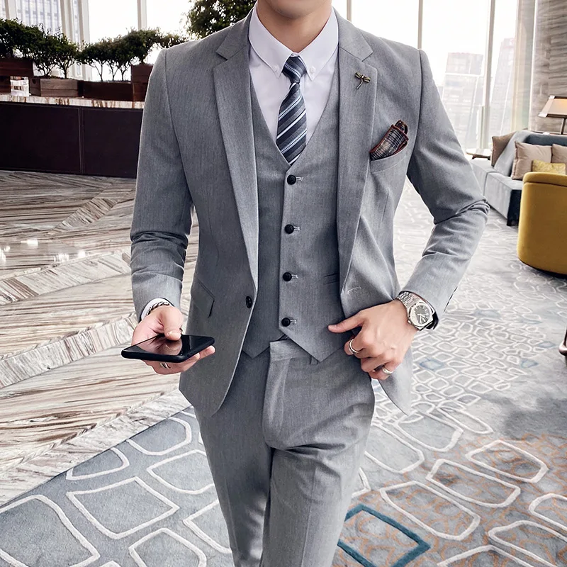 

[Jacket+Vest+Pants] Fashion boutique dark stripes plaid men's casual business three-piece suit groom wedding stage tuxedo S-7XL