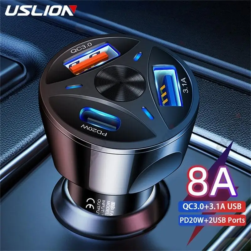 USLION PD 20 Вт 3A 2 порта USB Mini автомобильная зарядка 8A 50 Вт Быстрая зарядка для iPhone 13 Xiaomi Huawei Samsung S22 адаптер телефона в автомобиле