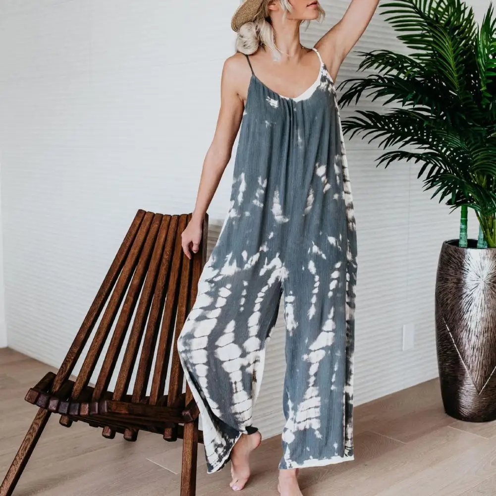 

Summer Romper Sleeveless Loose Oversized Print Contrast Colors Low-cut Casual Backless Spaghetti Strap Lady Jumpsuit Monos Mujer